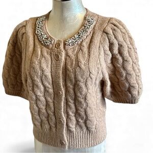 CeCe Women's Rhinestone Neck Cable Stitch
Cardigan Burnt Caramel Large